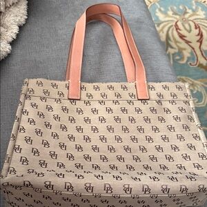 Dooney and Bourke Canvas Logo Tote with Tan Leather Handles